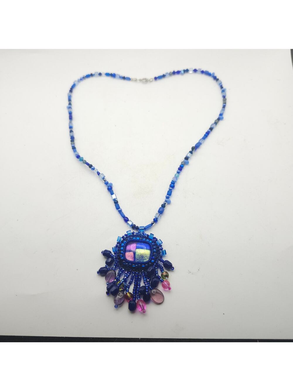 Blue Beaded Necklace Iridescent Fringe Pendant Boho Statement Wearable Art Piece